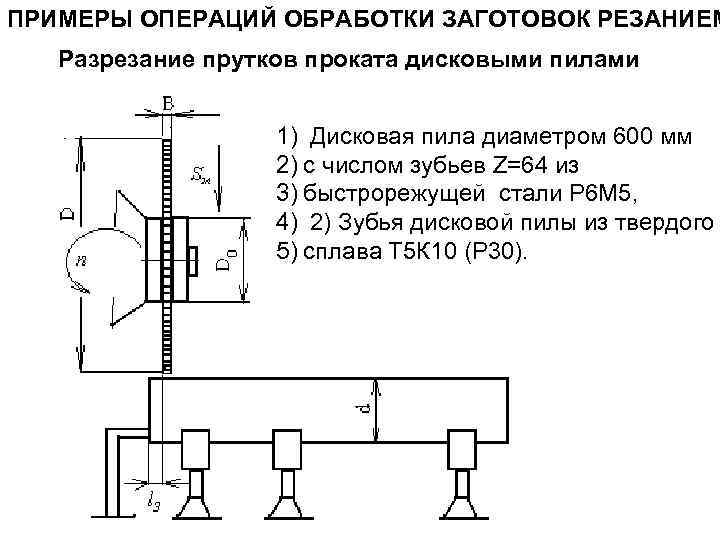 ПРИМЕРЫ ОПЕРАЦИЙ ОБРАБОТКИ ЗАГОТОВОК РЕЗАНИЕМ Разрезание прутков проката дисковыми пилами 1) Дисковая пила диаметром