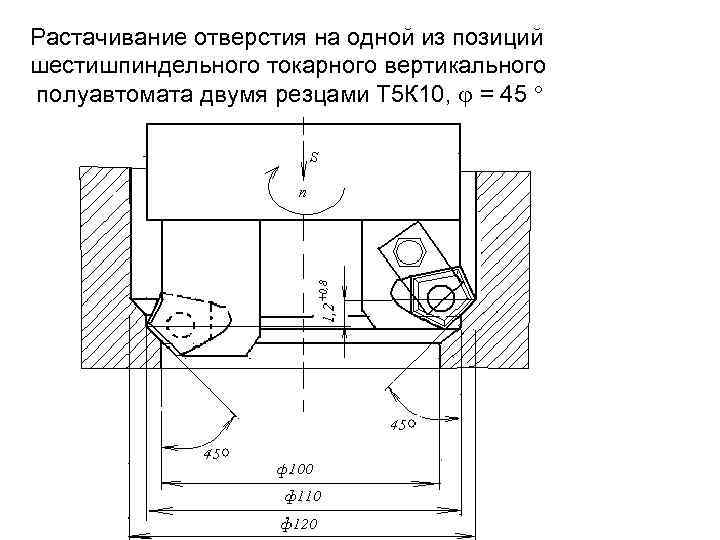 Растачивание отверстия на одной из позиций шестишпиндельного токарного вертикального полуавтомата двумя резцами Т 5