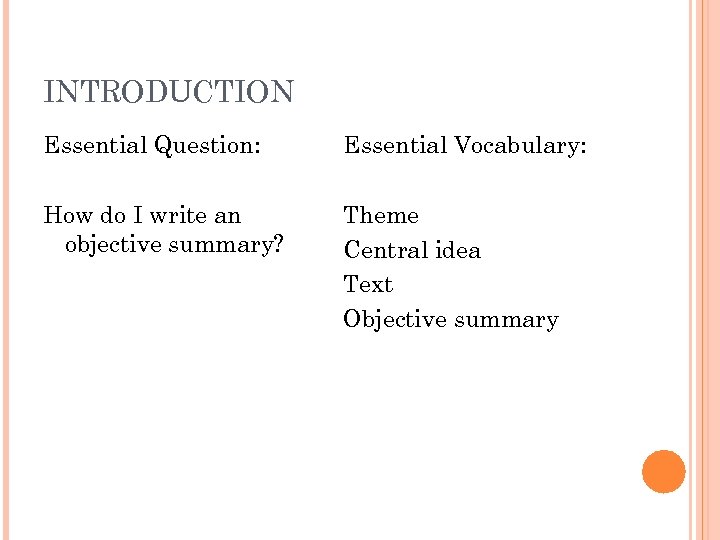 INTRODUCTION Essential Question: Essential Vocabulary: How do I write an objective summary? Theme Central
