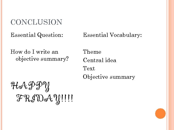 CONCLUSION Essential Question: Essential Vocabulary: How do I write an objective summary? Theme Central