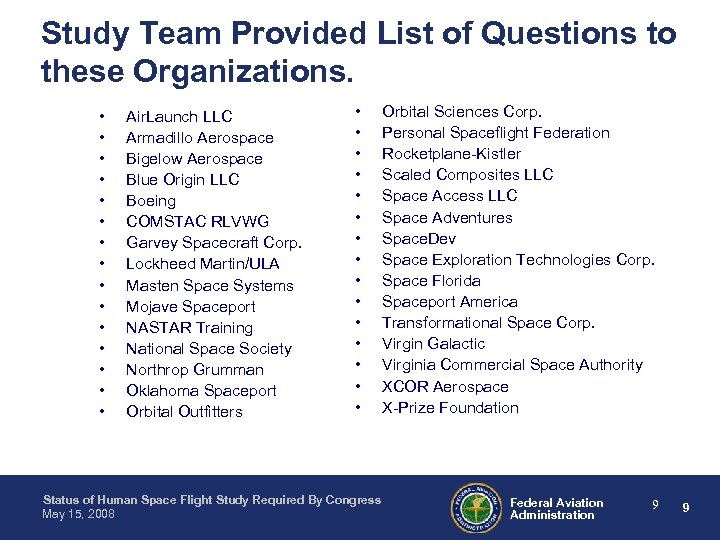 Study Team Provided List of Questions to these Organizations. • • • • Air.