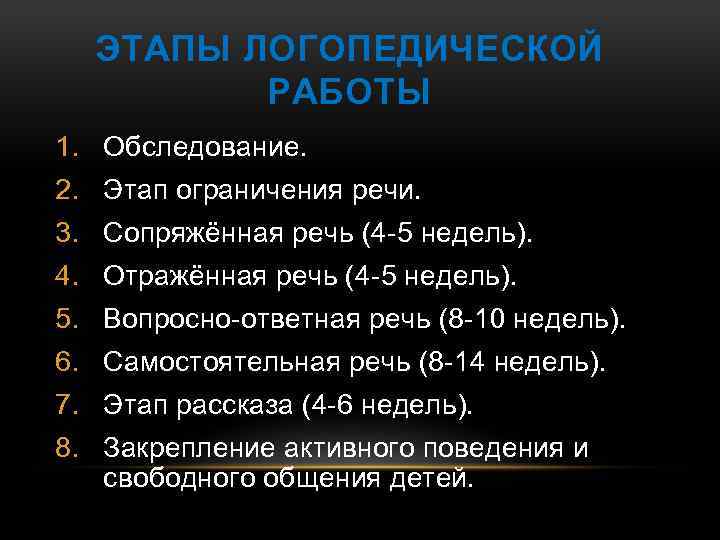 ЭТАПЫ ЛОГОПЕДИЧЕСКОЙ РАБОТЫ 1. Обследование. 2. Этап ограничения речи. 3. Сопряжённая речь (4 -5