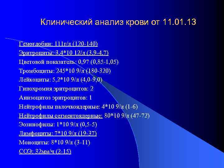 Клинический анализ крови от 11. 01. 13 Гемоглобин: 111 г/л (120 -140) Эритроциты: 3,