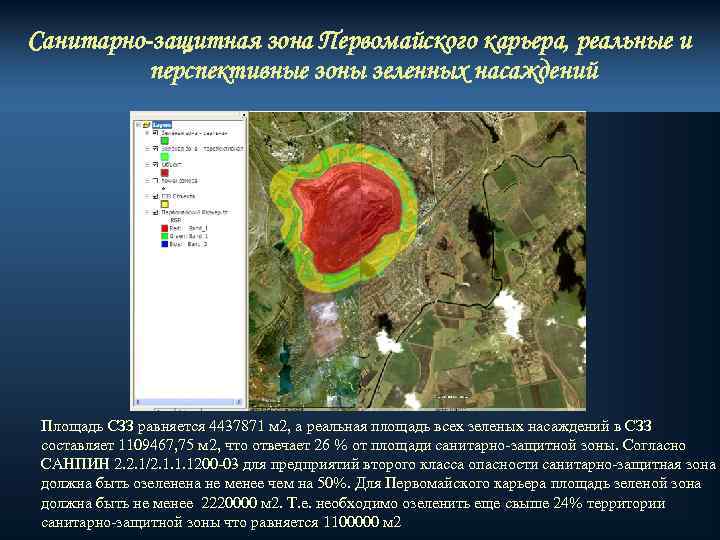Санитарно-защитная зона Первомайского карьера, реальные и перспективные зоны зеленных насаждений Площадь CЗЗ равняется 4437871