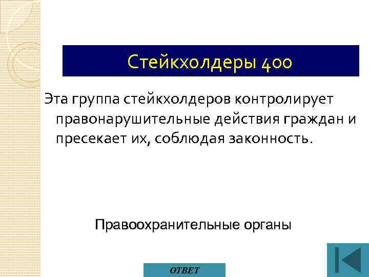 Стейкхолдеры 400 Эта группа стейкхолдеров контролирует правонарушительные действия граждан и пресекает их, соблюдая законность.