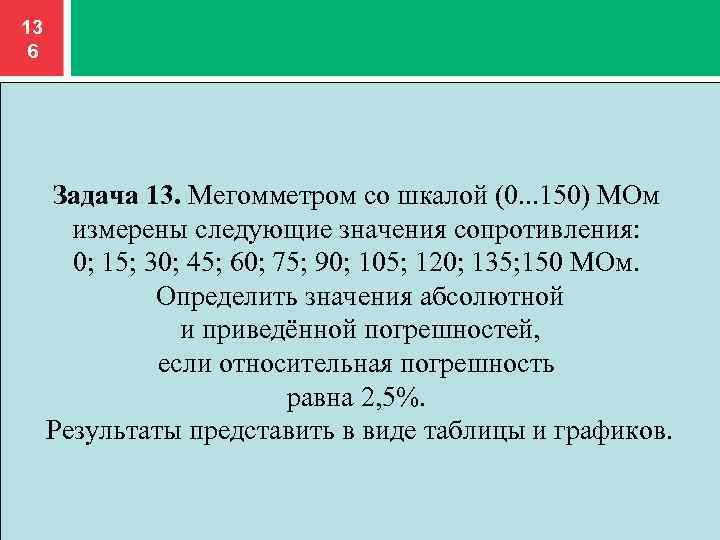 13 6 Задача 13. Мегомметром со шкалой (0. . . 150) МОм измерены следующие