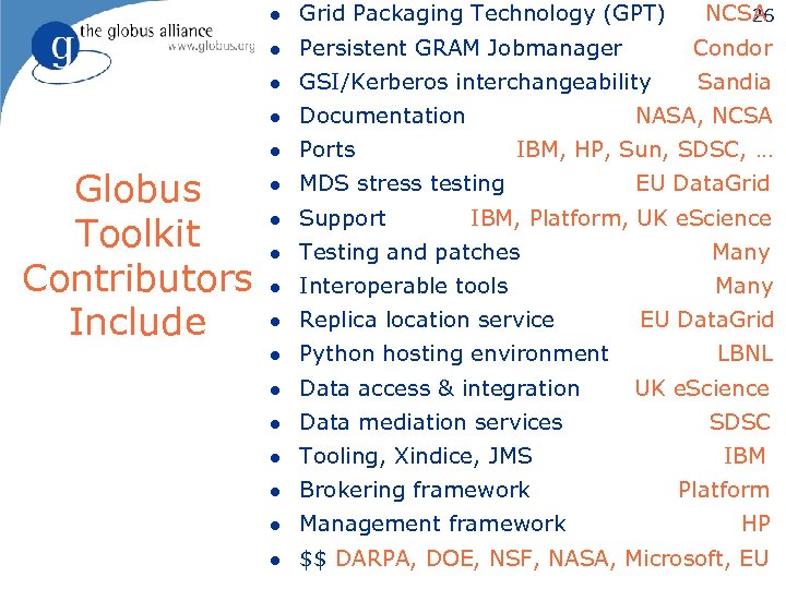 l l Persistent GRAM Jobmanager Condor l GSI/Kerberos interchangeability Sandia l Documentation l Globus