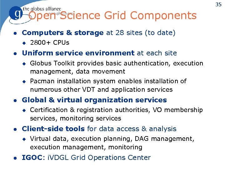 35 Open Science Grid Components l Computers & storage at 28 sites (to date)