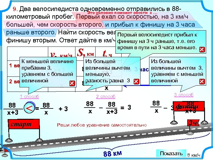  9. Два велосипедиста одновременно отправились в 889. Это условие поможет ввести х …