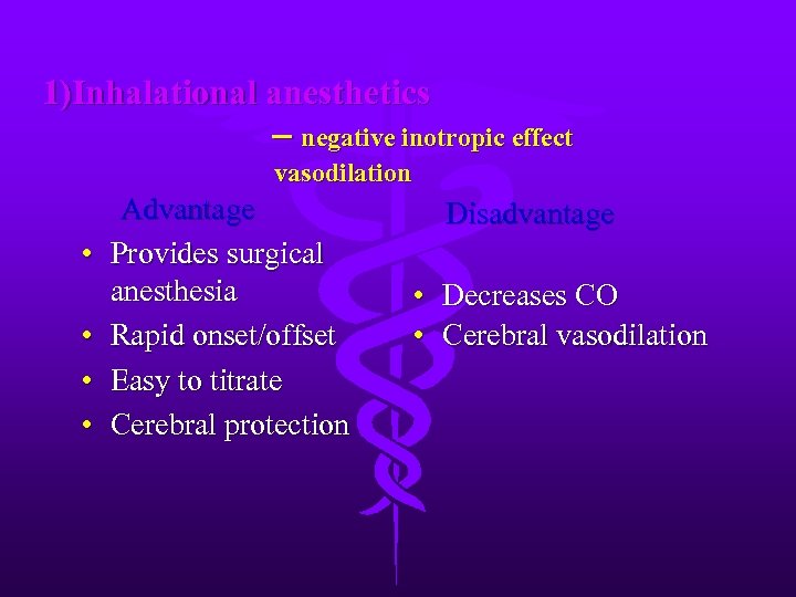 1)Inhalational anesthetics – negative inotropic effect vasodilation • • Advantage Provides surgical anesthesia Rapid