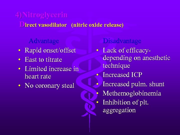 4)Nitroglycerin Direct vasodilator • • (nitric oxide release) Advantage Rapid onset/offset East to titrate