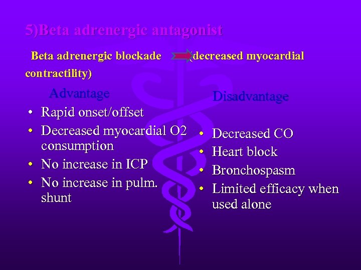 5)Beta adrenergic antagonist Beta adrenergic blockade contractility) • • Advantage Rapid onset/offset Decreased myocardial