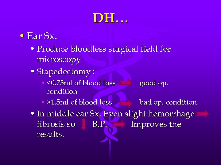 DH… • Ear Sx. • Produce bloodless surgical field for microscopy • Stapedectomy :