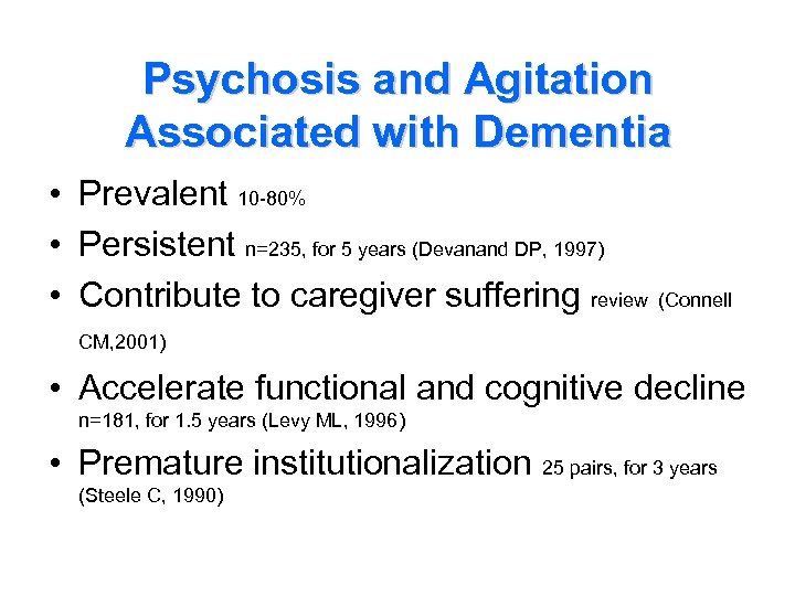 Psychosis and Agitation Associated with Dementia • Prevalent 10 -80% • Persistent n=235, for