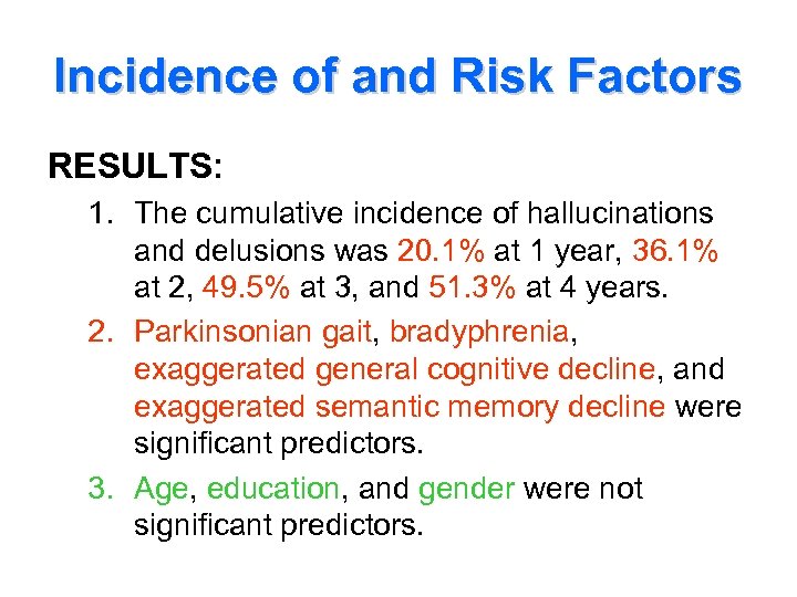 Incidence of and Risk Factors RESULTS: 1. The cumulative incidence of hallucinations and delusions