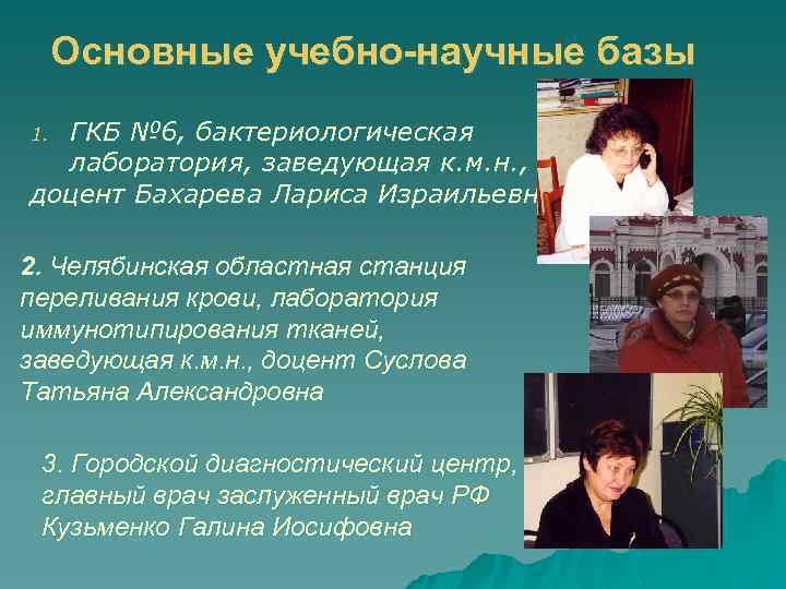 Основные учебно-научные базы ГКБ № 6, бактериологическая лаборатория, заведующая к. м. н. , доцент