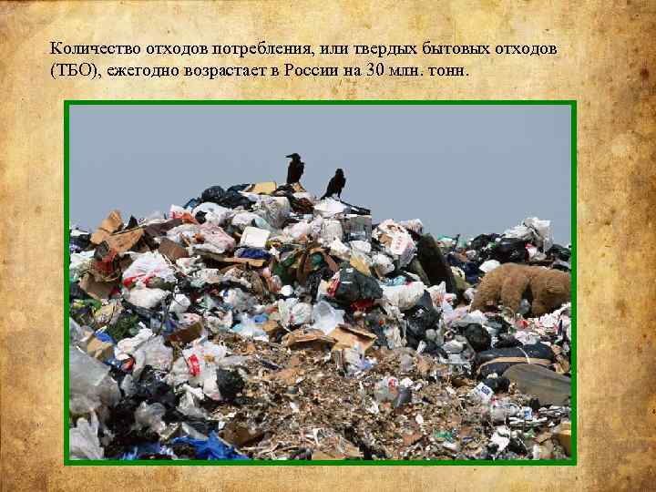 Количество отходов потребления, или твердых бытовых отходов (ТБО), ежегодно возрастает в России на 30