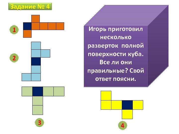 Задание № 4 Игорь приготовил несколько разверток полной поверхности куба. Все ли они правильные?