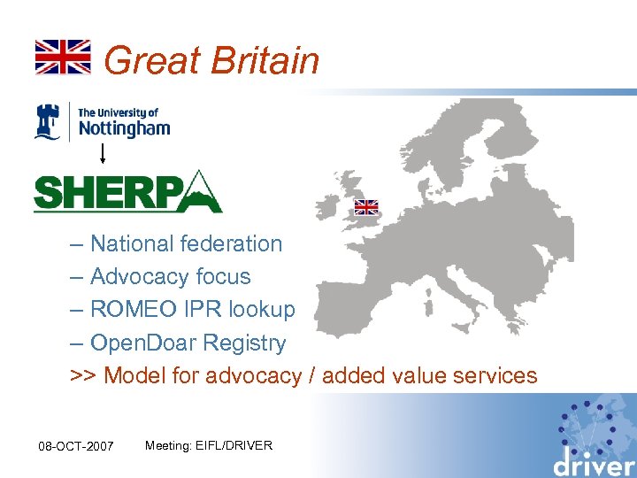 Great Britain – National federation – Advocacy focus – ROMEO IPR lookup – Open.