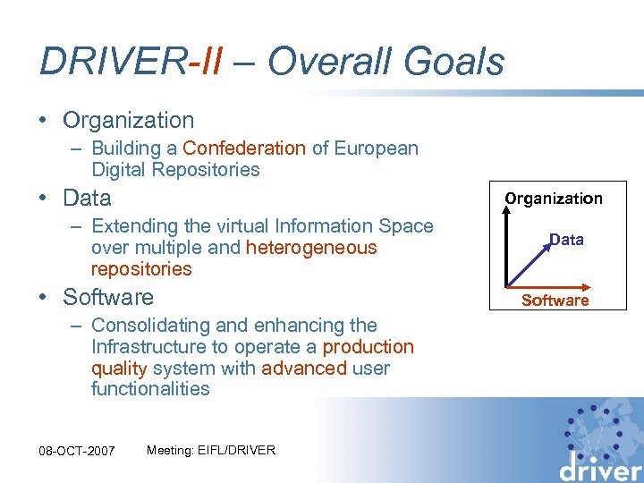 DRIVER-II – Overall Goals • Organization – Building a Confederation of European Digital Repositories
