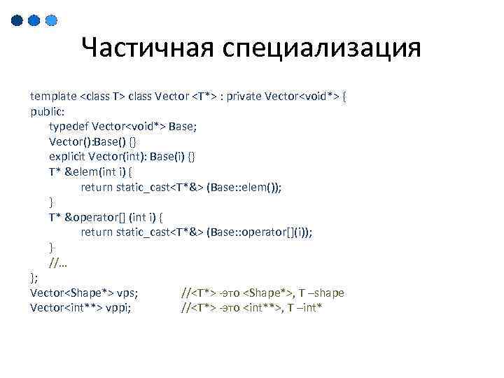 Частичная специализация template <class T> class Vector <T*> : private Vector<void*> { public: typedef