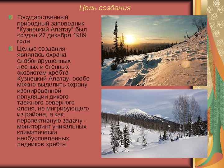 Цель создания Государственный природный заповедник "Кузнецкий Алатау" был создан 27 декабря 1989 года Целью