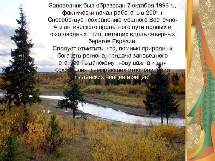 Заповедник был образован 7 октября 1996 г. , фактически начал работать в 2001 г