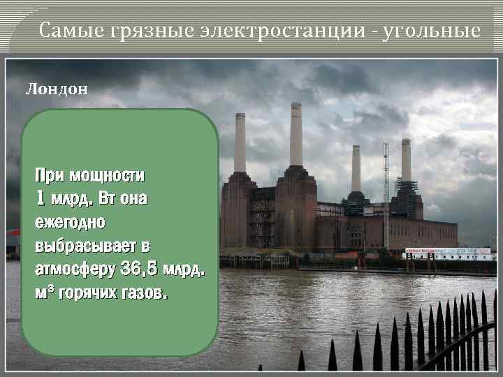 Самые грязные электростанции - угольные Лондон При мощности 1 млрд. Вт она ежегодно выбрасывает