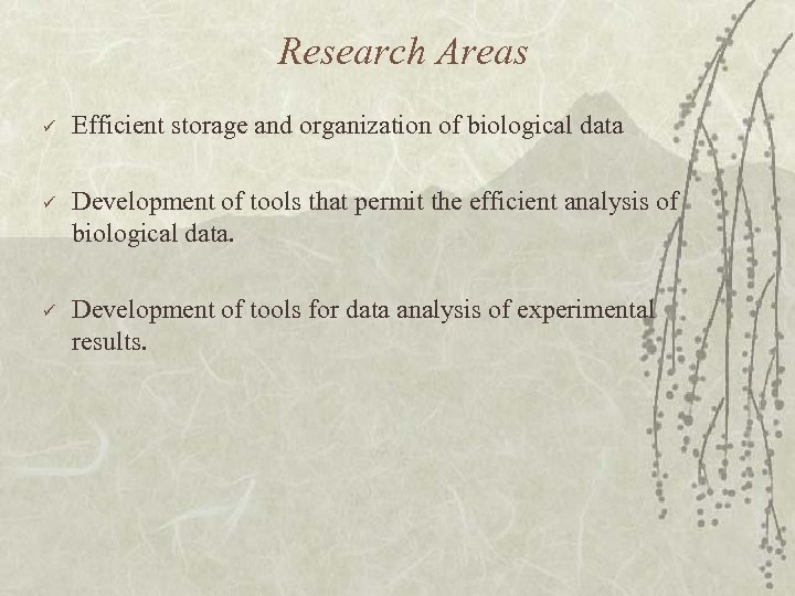 Research Areas ü Efficient storage and organization of biological data ü Development of tools