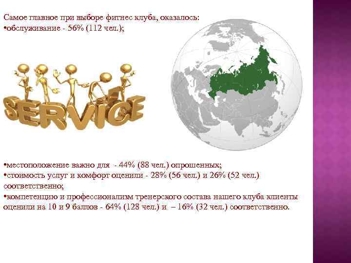 Самое главное при выборе фитнес клуба, оказалось: • обслуживание - 56% (112 чел. );