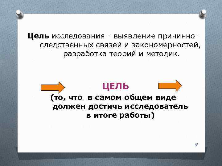 Цель исследования - выявление причинноследственных связей и закономерностей, разработка теорий и методик. ЦЕЛЬ (то,