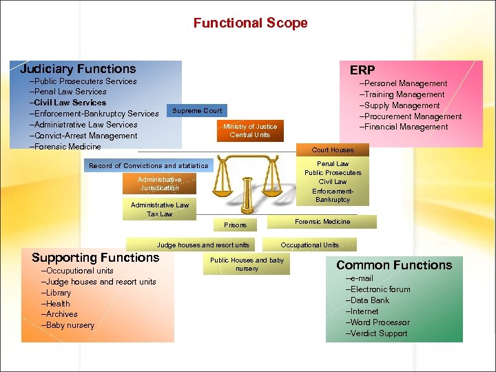 Functional Scope Judiciary Functions –Public Prosecuters Services –Penal Law Services –Civil Law Services –Enforcement-Bankruptcy