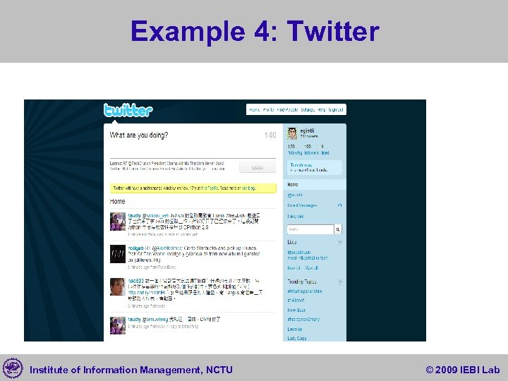 Example 4: Twitter Institute of Information Management, NCTU © 2009 IEBI Lab 