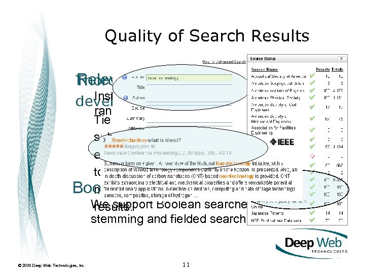Quality of Search Results Relevance ranking of Thorough connector retrieved data Instantly find developmentrelevant