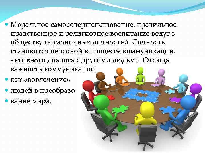  Моральное самосовершенствование, правильное нравственное и религиозное воспитание ведут к обществу гармоничных личностей. Личность