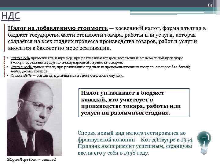 14 НДС Налог на добавленную стоимость — косвенный налог, форма изъятия в бюджет государства