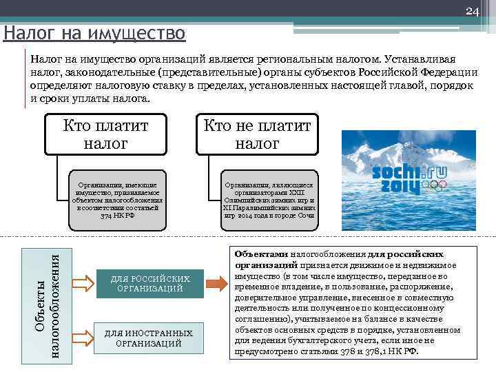 24 Налог на имущество организаций является региональным налогом. Устанавливая налог, законодательные (представительные) органы субъектов