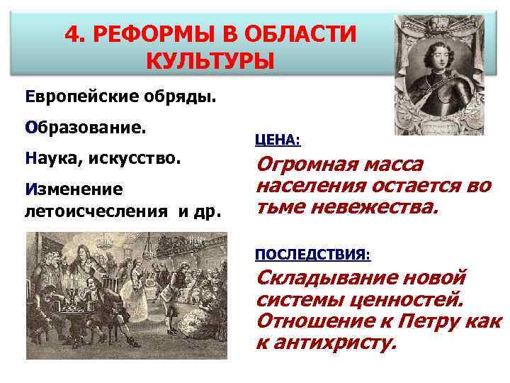 4. РЕФОРМЫ В ОБЛАСТИ КУЛЬТУРЫ Европейские обряды. Образование. Наука, искусство. Изменение летоисчесления и др.