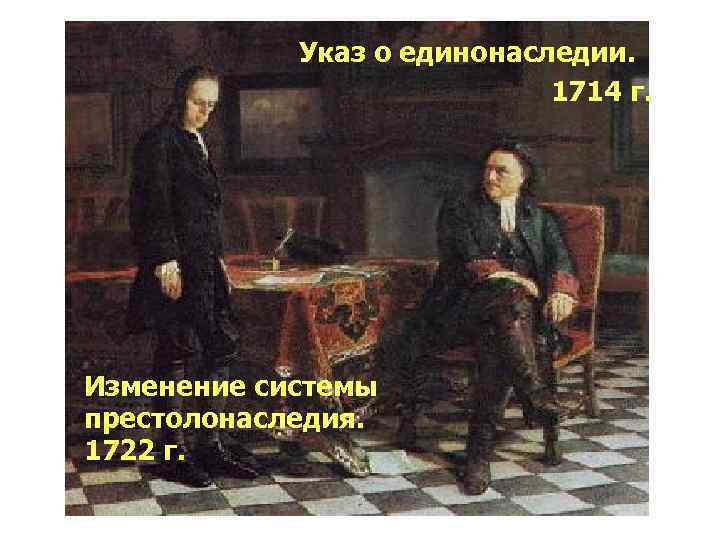 Указ о единонаследии. 1714 г. Изменение системы престолонаследия. 1722 г. 