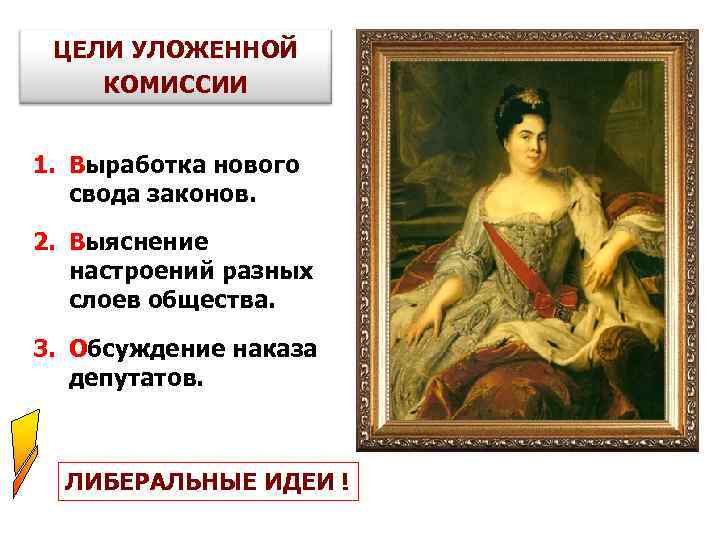 ЦЕЛИ УЛОЖЕННОЙ КОМИССИИ 1. Выработка нового свода законов. 2. Выяснение настроений разных слоев общества.