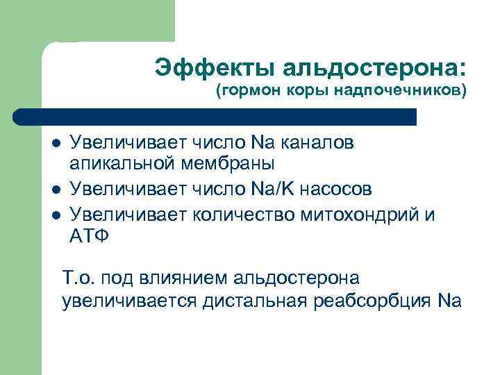 Эффекты альдостерона: (гормон коры надпочечников) l l l Увеличивает число Nа каналов апикальной мембраны