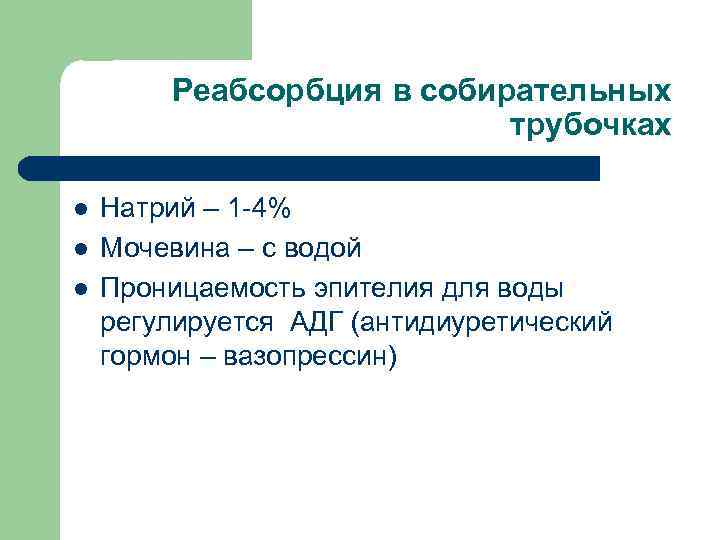 Реабсорбция в собирательных трубочках l l l Натрий – 1 -4% Мочевина – с