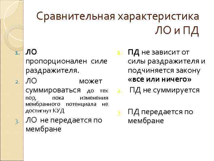 Сравнительная характеристика ЛО и ПД ЛО 1. ПД не зависит от пропорционален силе силы