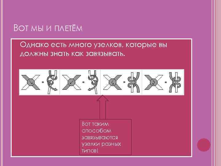 ВОТ МЫ И ПЛЕТЁМ Однако есть много узелков, которые вы должны знать как завязывать.