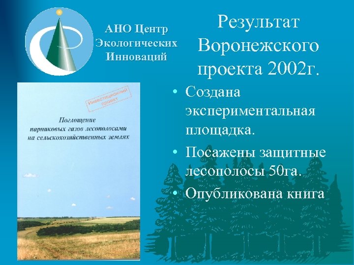 АНО Центр Экологических Инноваций Результат Воронежского проекта 2002 г. • Создана экспериментальная площадка. •