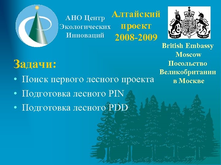 АНО Центр Алтайский Экологических проект Инноваций 2008 -2009 Задачи: • Поиск первого лесного проекта