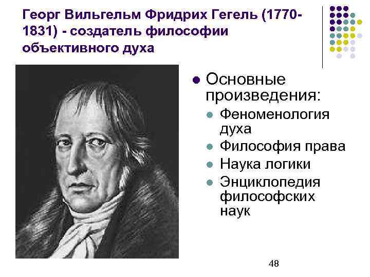 Георг Вильгельм Фридрих Гегель (17701831) - создатель философии объективного духа Основные произведения: Феноменология духа
