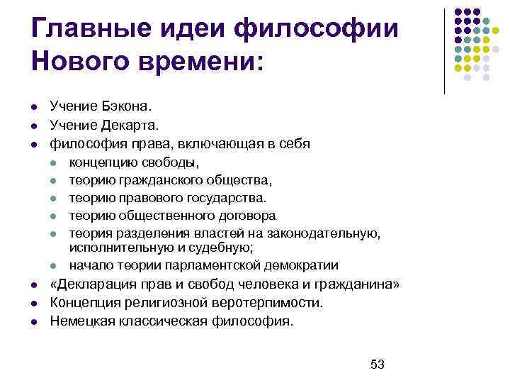 Главные идеи философии Нового времени: Учение Бэкона. Учение Декарта. философия права, включающая в себя
