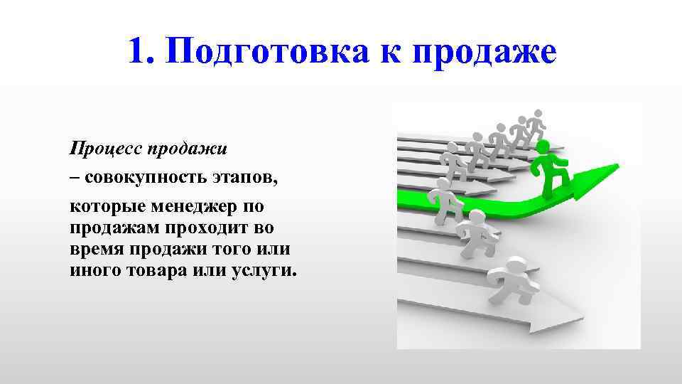 1. Подготовка к продаже Процесс продажи – совокупность этапов, которые менеджер по продажам проходит