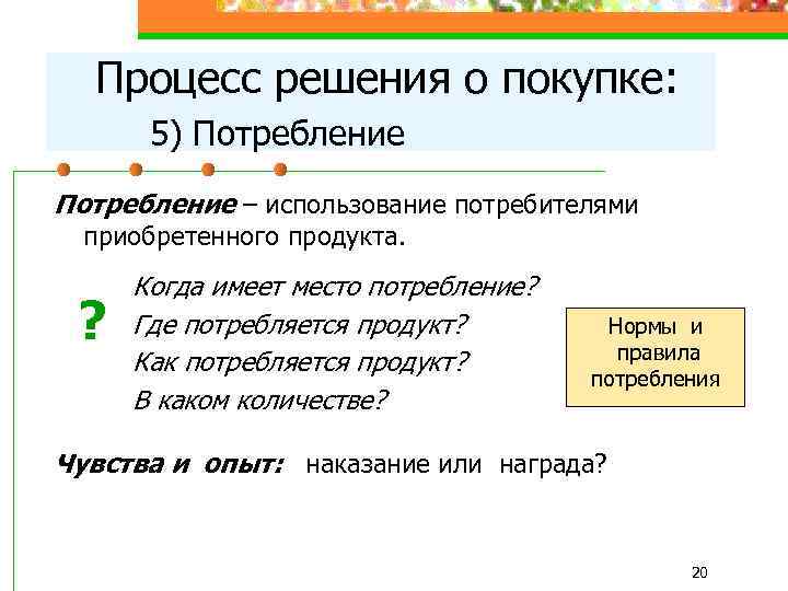 Процесс решения о покупке: 5) Потребление – использование потребителями приобретенного продукта. ? Когда имеет